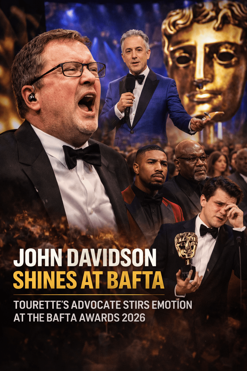 John Davidson at the BAFTA Awards 2026, sitting in the audience with a thoughtful expression, surrounded by Alan Cumming, Michael B. Jordan, and Delroy Lindo, with the BAFTA stage, red carpet, and golden statuettes in the background, highlighting the emotional atmosphere and his advocacy for Tourette’s syndrome.